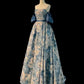 Blue Monet Water Lily Oil Painting Elegant Long Satin Floral Ball Gown Evening Dress Party Dress nv4184