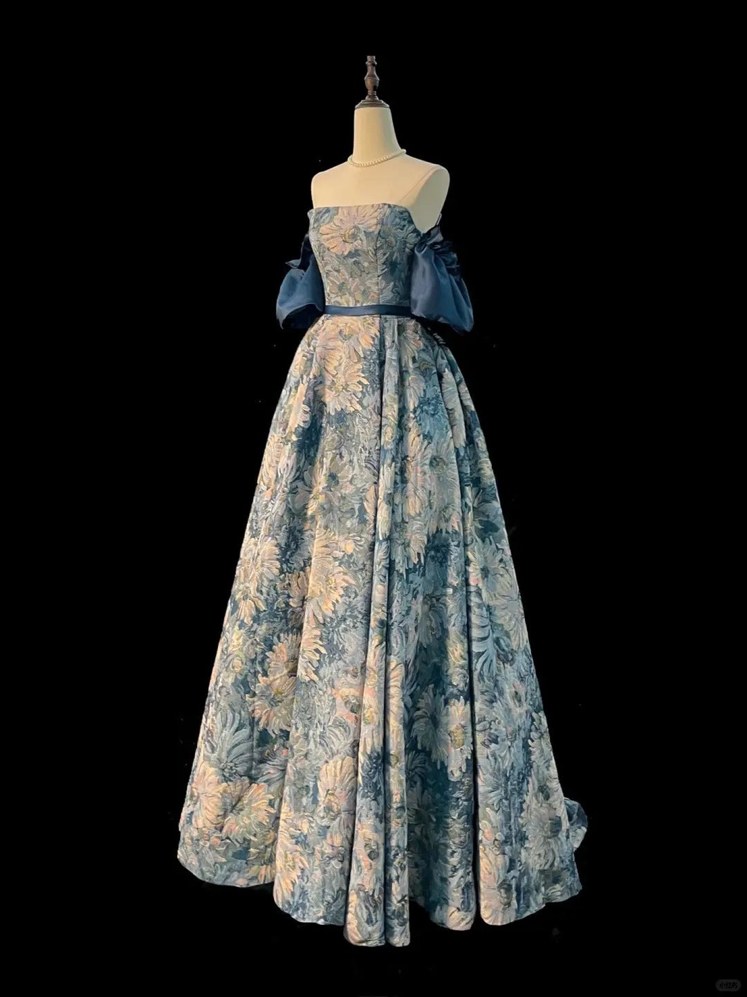 Blue Monet Water Lily Oil Painting Elegant Long Satin Floral Ball Gown Evening Dress Party Dress nv4184