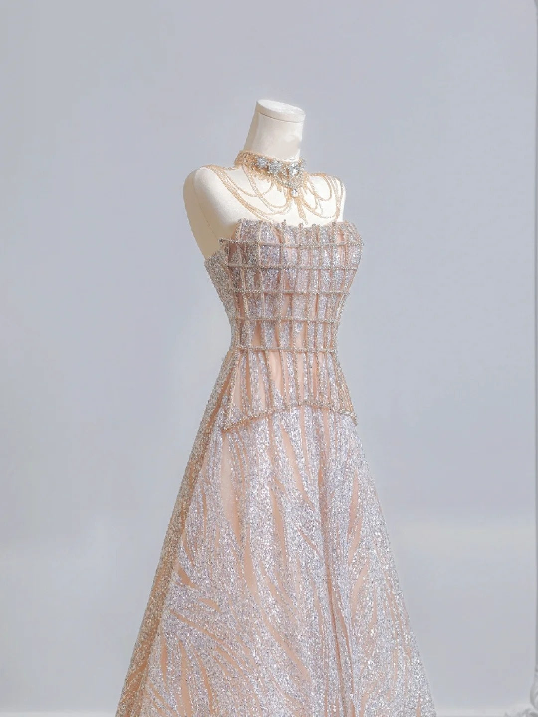 Champagne shiny gorgeous palace princess long tulle floor-length ball gown evening dress graduation dress nv5105