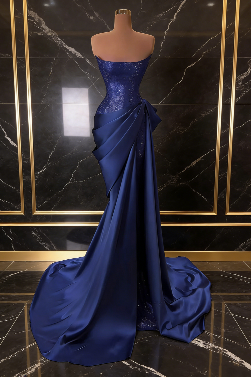 Royal Blue Sequin Strapless Satin Twist Knot Mermaid Train Gown - Luxury Evening Dress NV6779