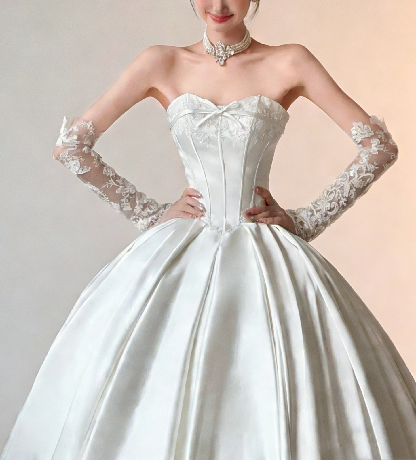 Satin Strapless Lace Train Bridal Gown - Vintage Court Style Wedding Dress NV6761