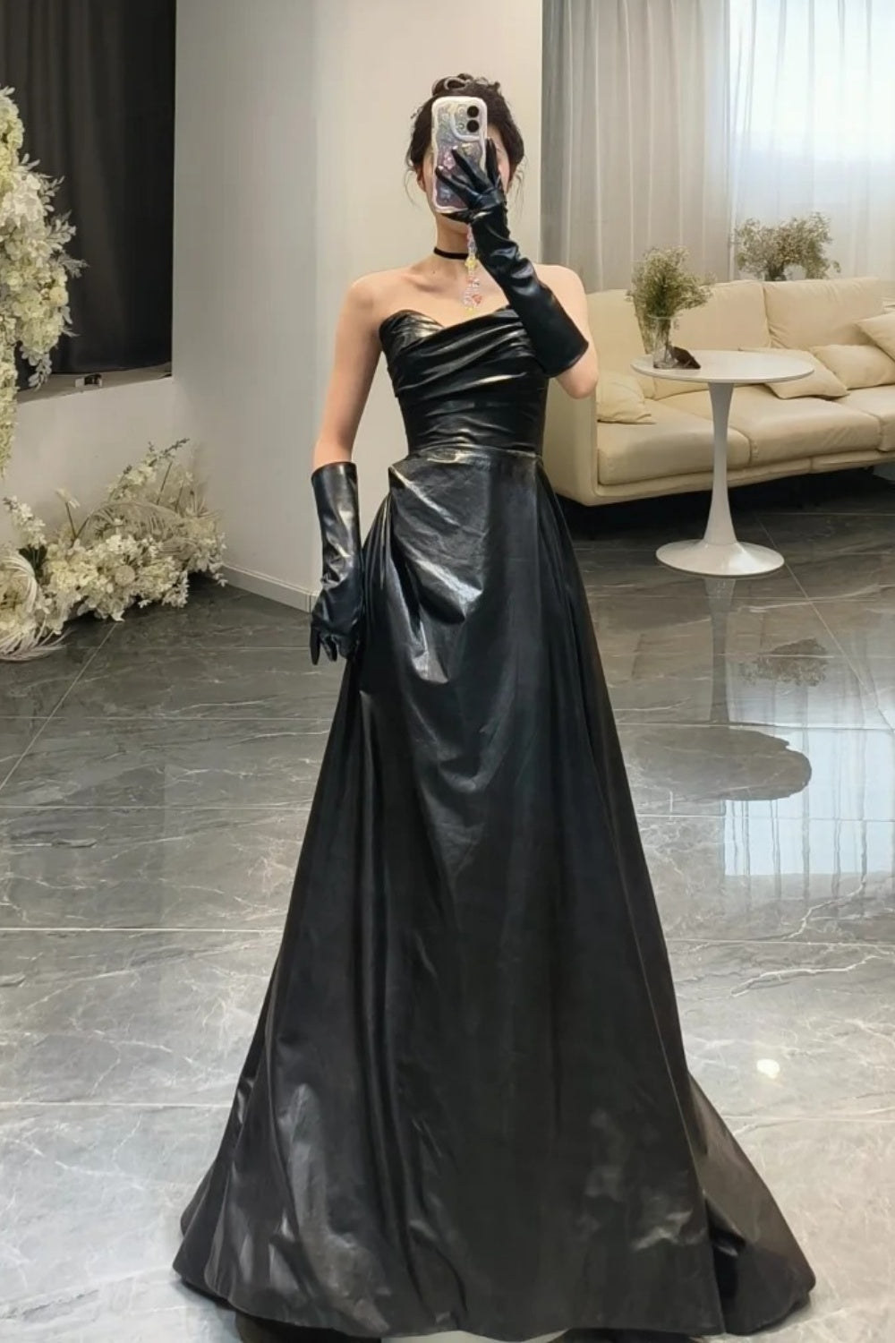 NiceVestidos--Dark Elegance Style：Lacquered Leather Strapless Sleeveless Floor - Length Social Dress NV5820