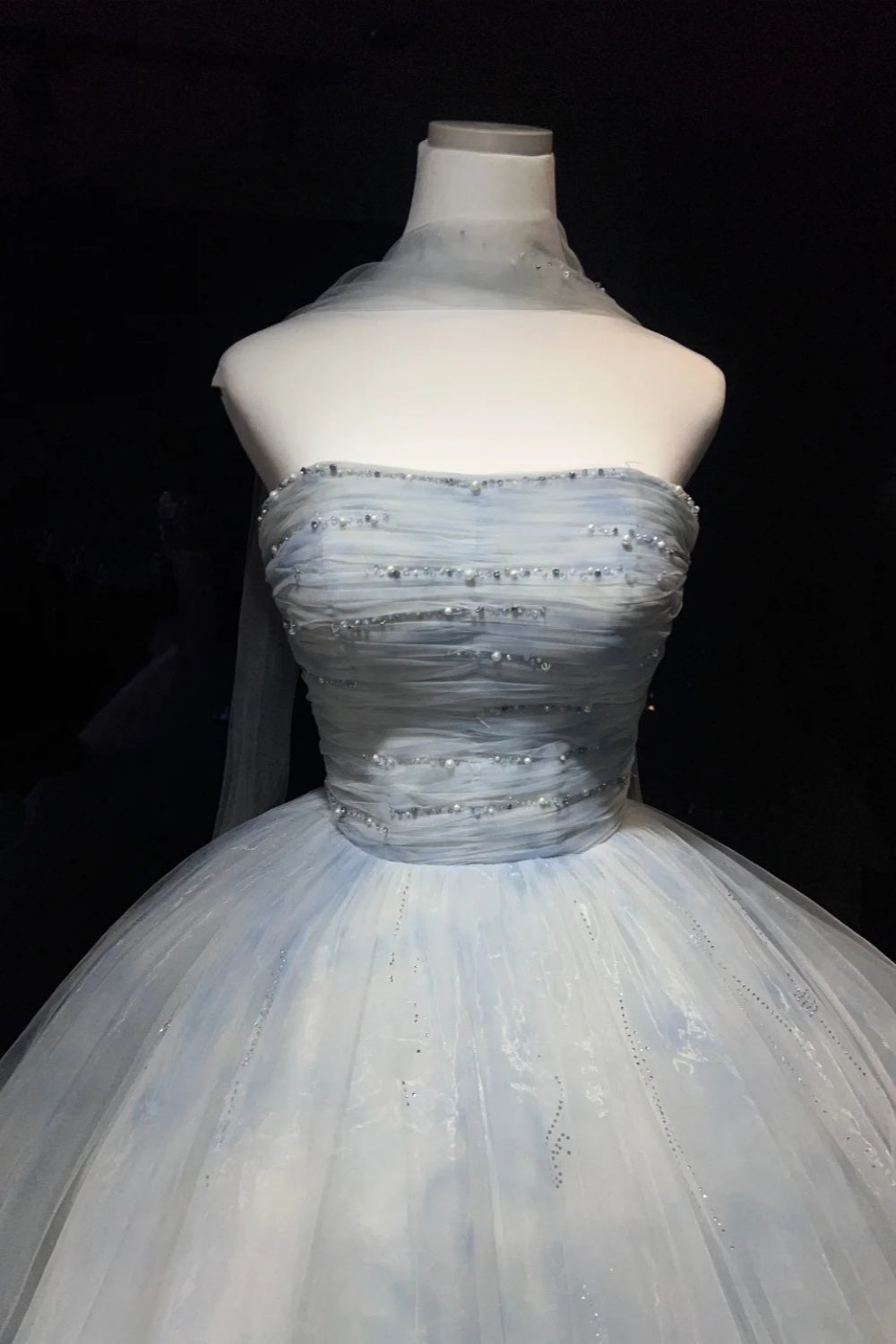 Dreamy Sky Blue Ombre Strapless Beaded Ball Gown with Tulle Shawl, Fairy Style  Prom Dress NV6868