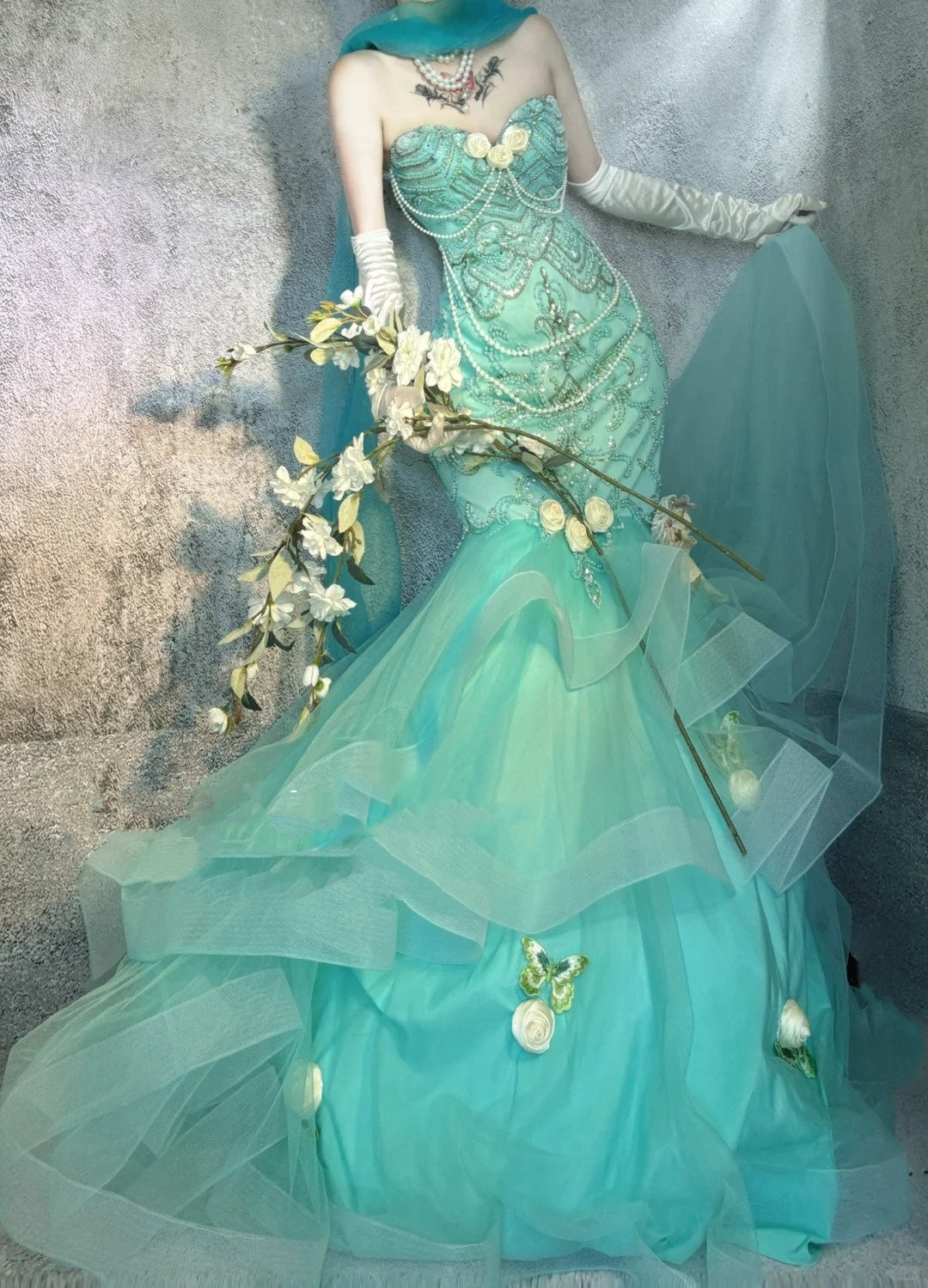 Blue gorgeous exquisite beaded long satin ball gown evening dress party dress nv4377