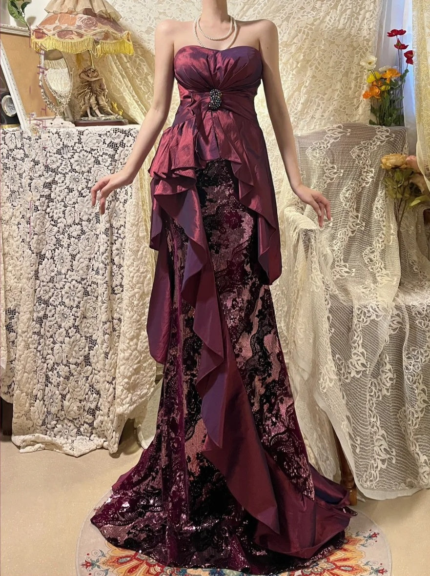 Robe de soirée longue en satin et dentelle violette, style sirène, nv4321