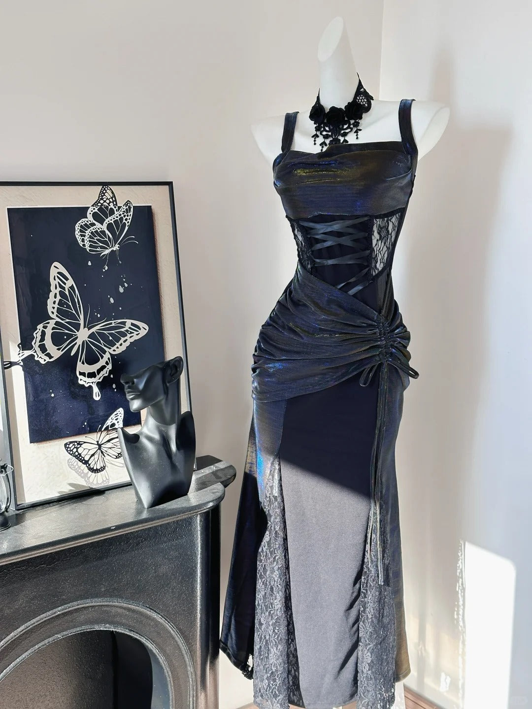 Black Vintage Elegant Delicate Lace Long Satin Ball Gown Evening Gown Birthday Party Dress Prom Gown nv4047