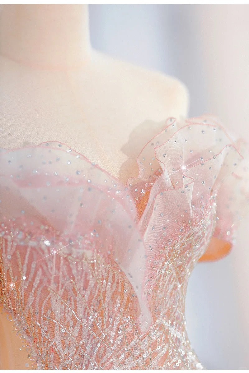 Rosa funkelndes elegantes langes Ballkleid aus Tüll, nv4227