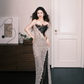 One Shoulder Black Lace Sequin Prom Dress, High Slit Mermaid Evening Gown  NV7331