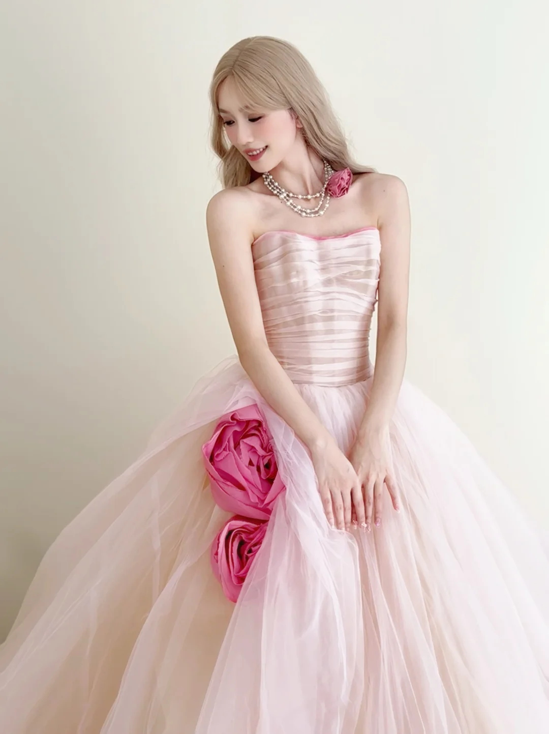 Light Pink 3D Rose Strapless Prom Gown Sweetheart Tulle Formal Dress  NV7168