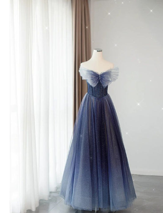 Robe de soirée élégante en tulle bleu marine, magnifique, dégradé de mode, exquise, perlée, papillon, ligne A, paillettes, longue, longueur au sol, robe de bal, nv3818