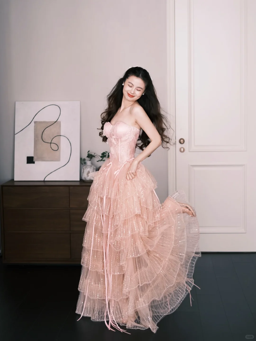 Blush Pink Tiered Sequin Tulle Prom Dress, Strapless Corset Evening Gown  NV7283