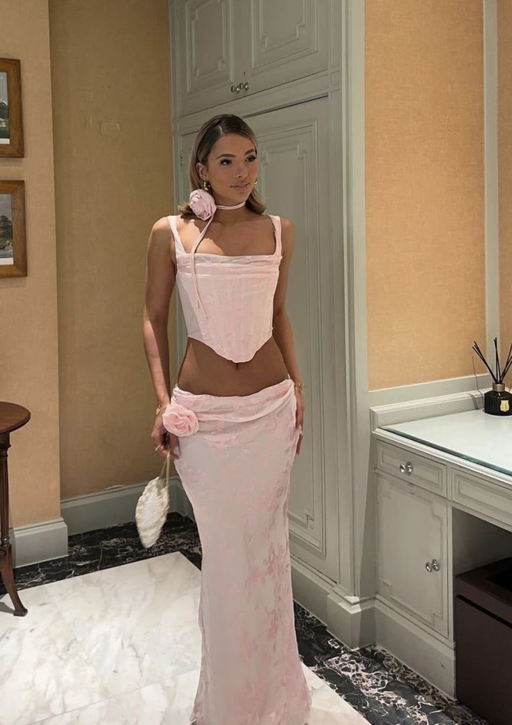 Robe de soirée longue en deux pièces rose élégante à fleurs tridimensionnelles nv2843