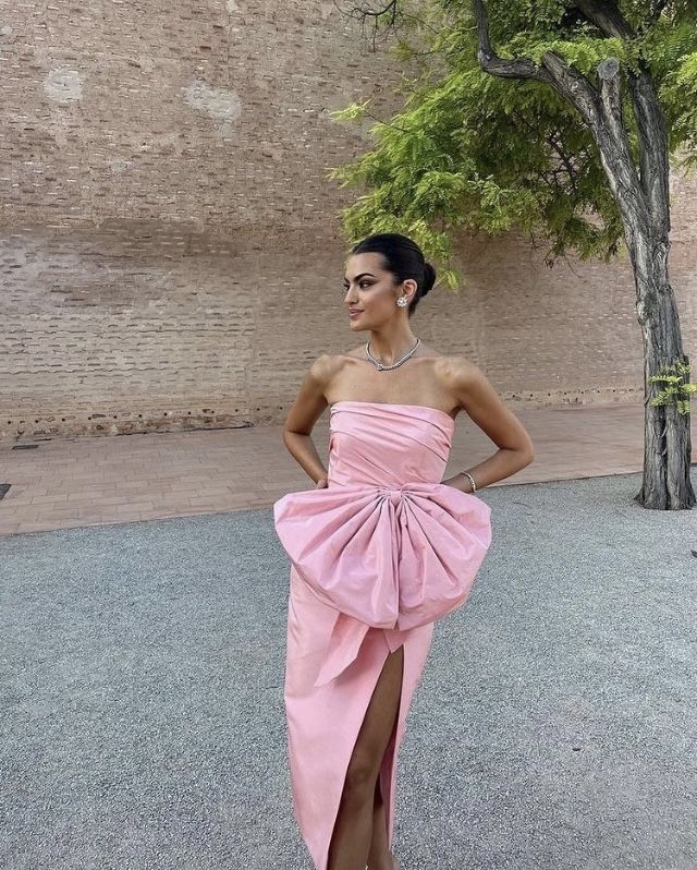 Robe longue en satin rose élégante, simple et unique, avec nœud, longue fente, robe de soirée, nv2735