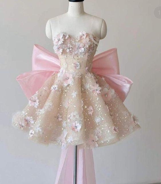 Pink Sweet Delicate Beaded Sparkling Sequins Short Mini Tulle Homecoming Gown Prom Gown Evening Gown Birthday Gown nv2797