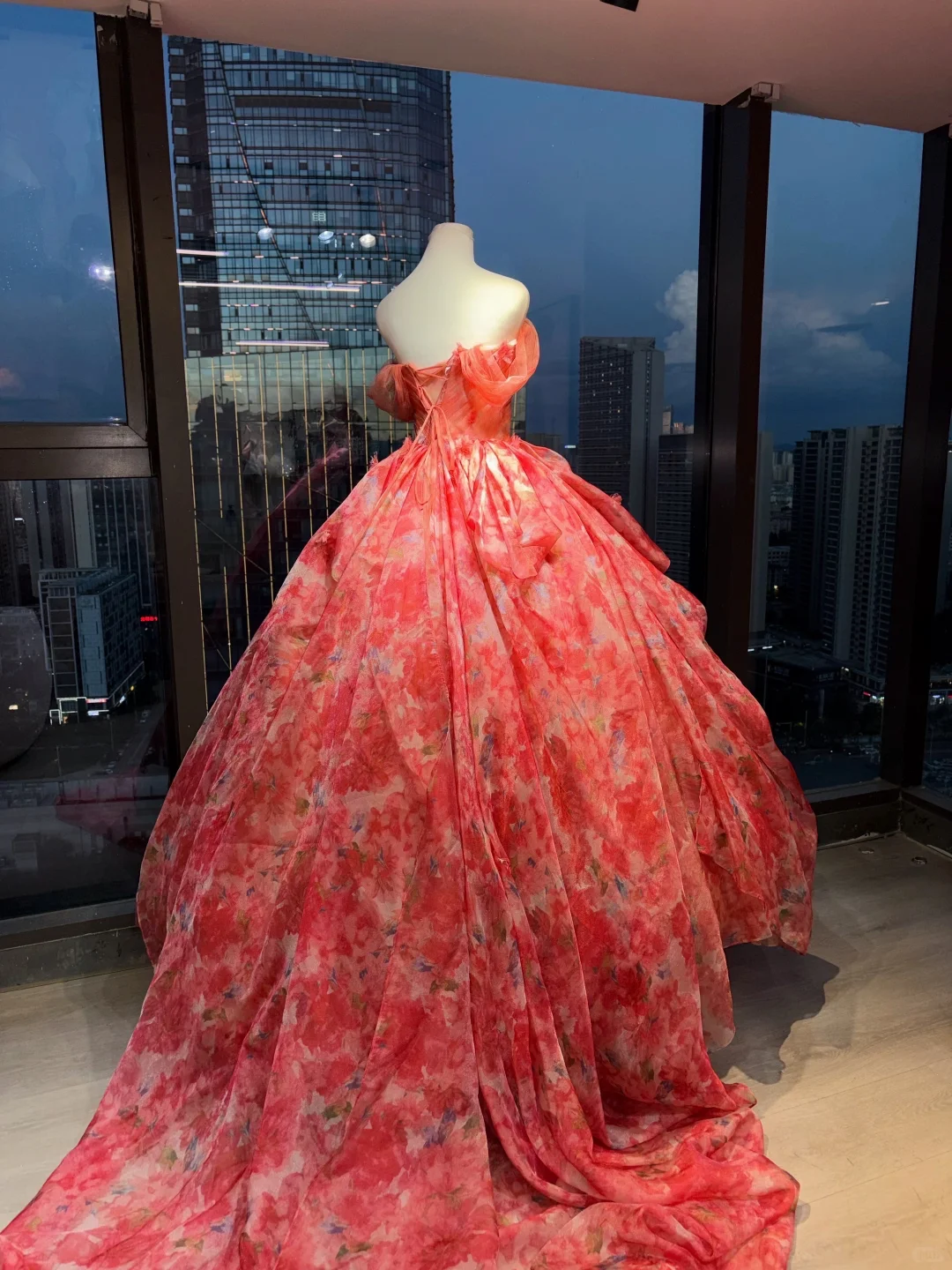 Off Shoulder Orange Red Floral Print Tulle Prom Dress Sweetheart Ruched Layered Ball Gown  NV6990