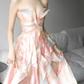 Pink Strapless Ombre Ruffle Prom Gown Watercolor Print Cutout Waist  NV7184