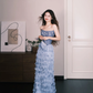 Strapless Dusty Blue Fringe Mermaid Prom Dress, Rhinestone Embellished Evening Gown  NV7330