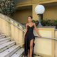 Black Fashion Spaghetti Straps Elegant Long Satin Ruffle Slit Sexy Ball Gown Evening Dress Party Dress nv3535