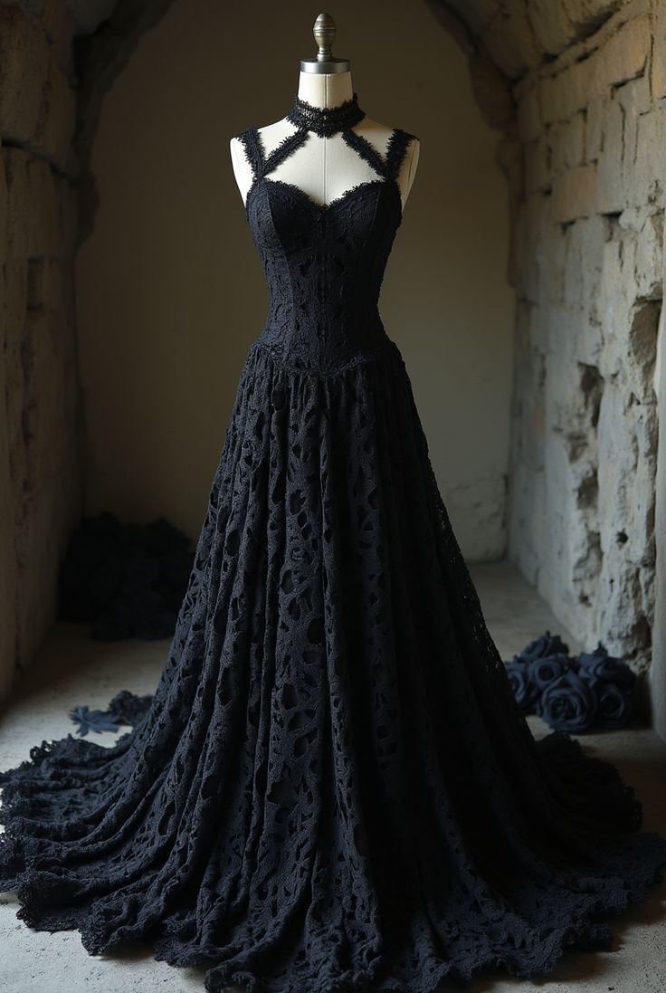 Wedding Dress Gothic Retro Style Halter Neck Spaghetti Strap Lace Gown | All-Black Cutout Ballgown Train Maxi Dress for Gala Gothic Theme Party Retro Ball NV6263