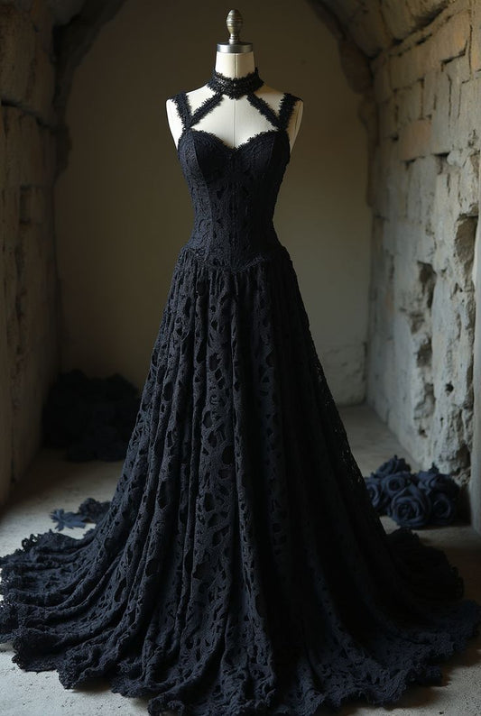 Wedding Dress Gothic Retro Style Halter Neck Spaghetti Strap Lace Gown | All-Black Cutout Ballgown Train Maxi Dress for Gala Gothic Theme Party Retro Ball NV6263