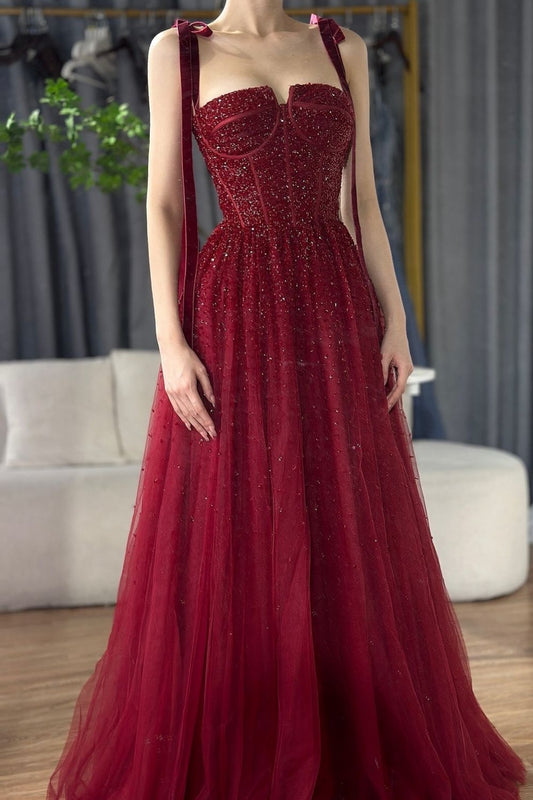 NiceVestidos - Robe de bal longue en tulle bordeaux à paillettes scintillantes NV5841