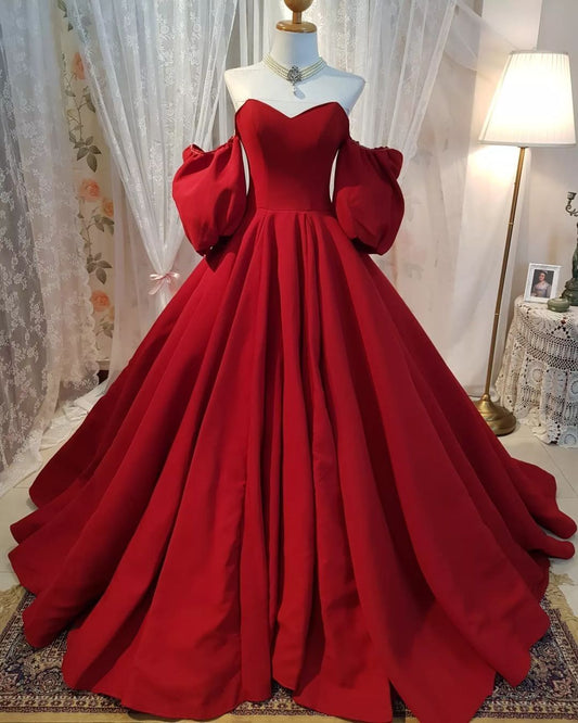NiceVestidos – Vintage rotes, trägerloses High-End-Abendkleid mit Puffärmeln, luxuriöses langes Ballkleid im Ballkleid-Stil für Abendveranstaltungen und Bälle NV5888