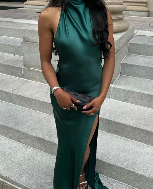 Robe de soirée en satin vert, simple, élégante, à bretelles, longue, fendue, sexy, robe de bal, robe de soirée, robe de soirée, robe d'invité de mariage, nv3941
