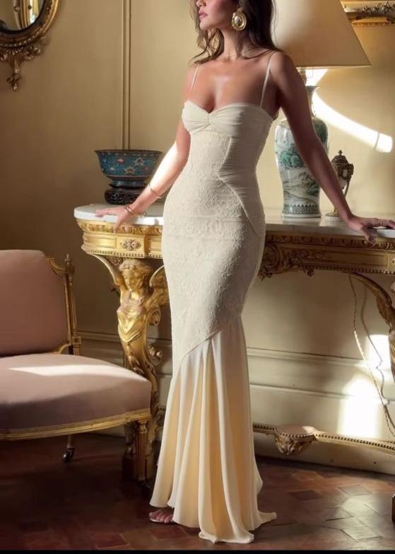 Light Yellow Lace Tulle Elegant Mermaid Sleeveless Off-shoulder Dress Ball Gown Evening Dress nv1892