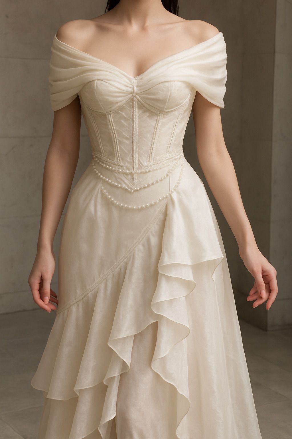 NiceVestidos - Robe longue élégante beige vintage à épaules dénudées, ornée de perles et de volants NV5907