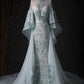 Blue Gorgeous Retro Fashion Elegant Floral Appliqué A-Line Long Tulle Floor-Length Tail Evening Dress Prom Dress nv3832