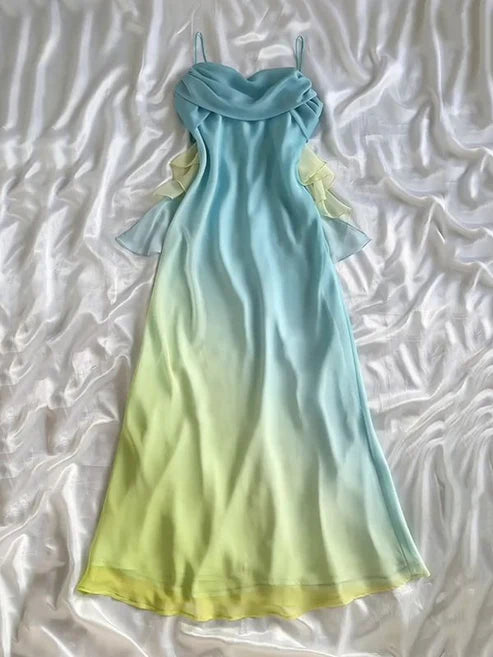 Orange Pink/Teal Unique Long A-Line Spaghetti Strap Ombre Chiffon Evening Gown Party Dress nv4347