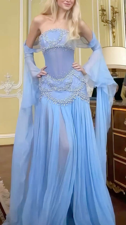 Fairy Luxury Court Style Light Blue Beaded Sheer-Sleeve Train Gown - Ocean Theme Wedding & Ball Dress NV6382