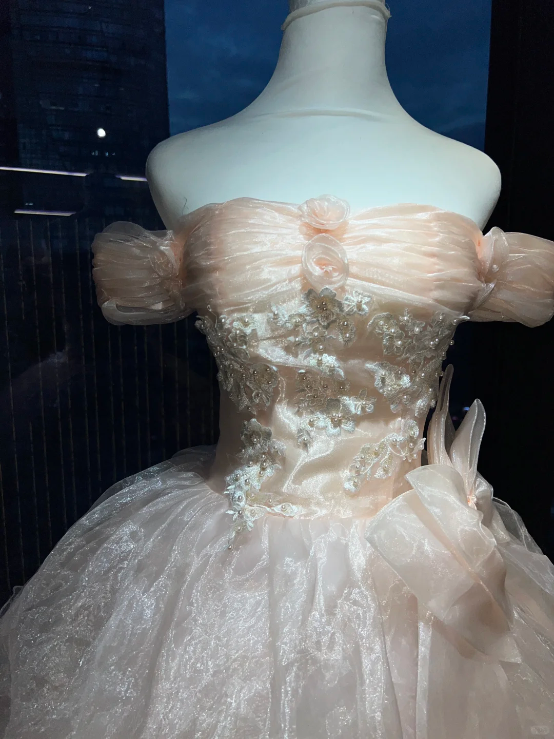 Off Shoulder Light Pink Princess Prom Dress Puff Sleeve Lace Tiered Tulle Ball Gown With Big Bow  NV6987