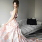 Pink Strapless Ombre Ruffle Prom Gown Watercolor Print Cutout Waist  NV7184