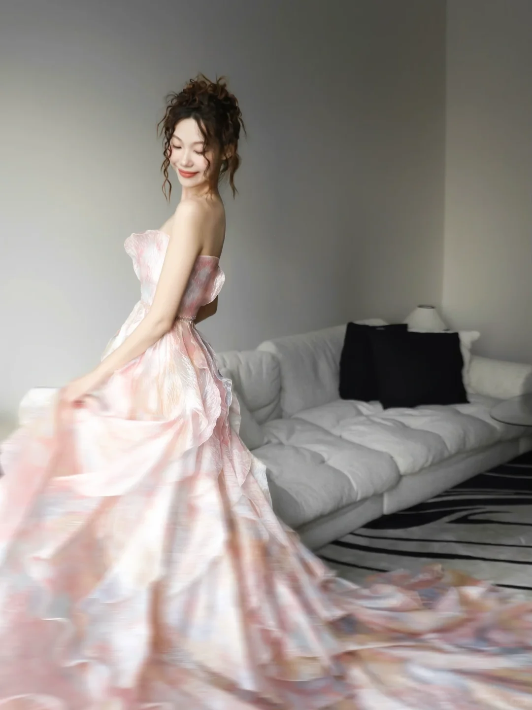 Pink Strapless Ombre Ruffle Prom Gown Watercolor Print Cutout Waist  NV7184