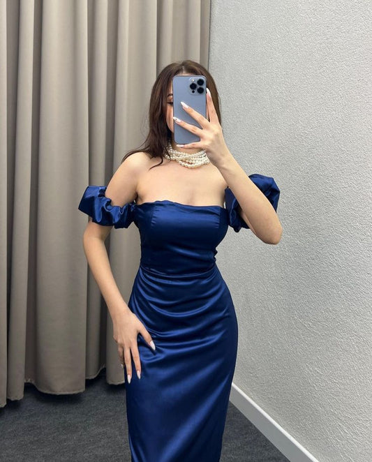 Robe longue de soirée élégante et simple à manches courtes bleue nv2671