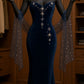 Navy blue shiny beaded tulle velvet long prom dress evening dress nv5122
