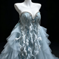 Dusty Blue Strapless Formal Gown Beaded Rhinestone Feather Detachable Tulle Train Evening Dress  NV6970