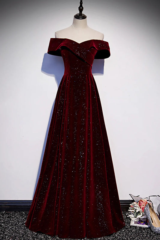 Robe de soirée longue en velours bordeaux, robe de soirée à épaules dénudées nv1573