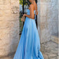 Blue Stylish Elegant Simple Sweetheart Sleeveless A Line Long Chiffon Evening Gown Prom Dress Wedding Party Dress nv3805
