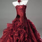 NiceVestidos-Burgundy 3D Floral Tulle Strapless Sleeveless Floor-Length Train Ball Gown NV6181