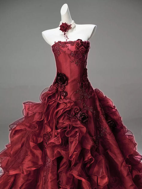 NiceVestidos-Burgundy 3D Floral Tulle Strapless Sleeveless Floor-Length Train Ball Gown NV6181