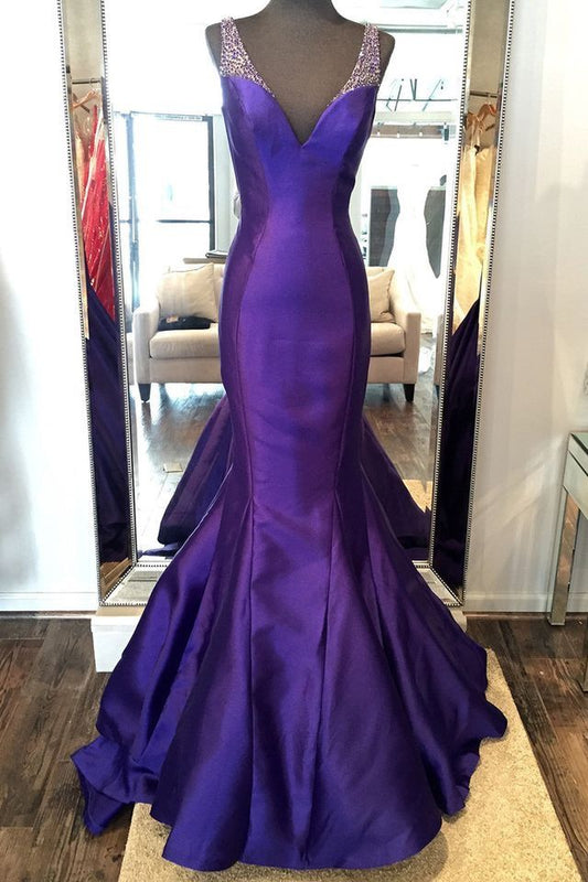 Purple Elegant Fashion V-neck Exquisite Sequins Long Satin Floor-length Train Ball Gown Evening Gown Party Dress nv3633
