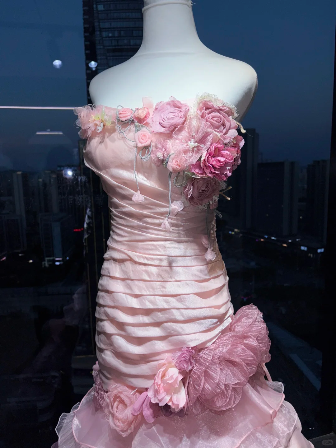 Pink Ombre Strapless Mermaid Evening Gown Ruched 3D Roses Tiered Ruffle Organza Long Prom Dress  NV7014