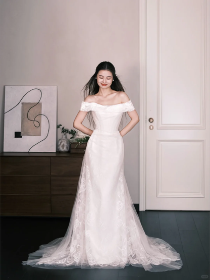 Off-the-Shoulder Lace Mermaid Wedding Gown, Floral Lace Fitted Bridal Dress  NV7306
