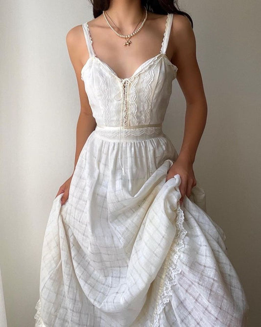 NiceVestidos--Vintage White Lace-Up Spaghetti Strap Flared Hem Bohemian Long Dress  NV5905