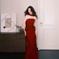 Burgundy Strapless Satin Mermaid Evening Dress  NV7318