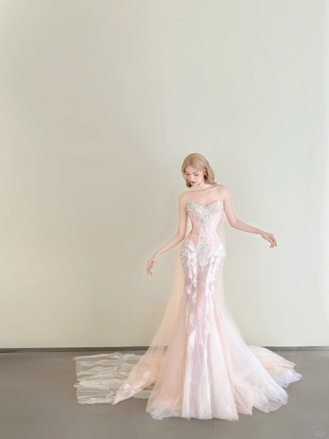 Light Pink Strapless Mermaid Prom Gown Beaded Sequin 3D Petal Tulle Cape  NV7179