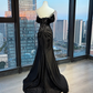 Off Shoulder Black Shimmer Satin Mermaid Prom Dress Twist Ruched Waist Long Train Evening Gown  NV6994
