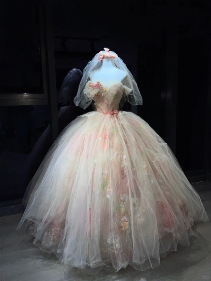 Blush Pink 3D Floral Tulle Long Evening Gown Off The Shoulder Puffy Ball Gown Prom Dress  NV7072